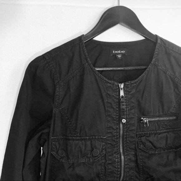 BEBE Black 100% Cotton Bomber Full Zip Moto Jacket size S - Picture 4 of 10